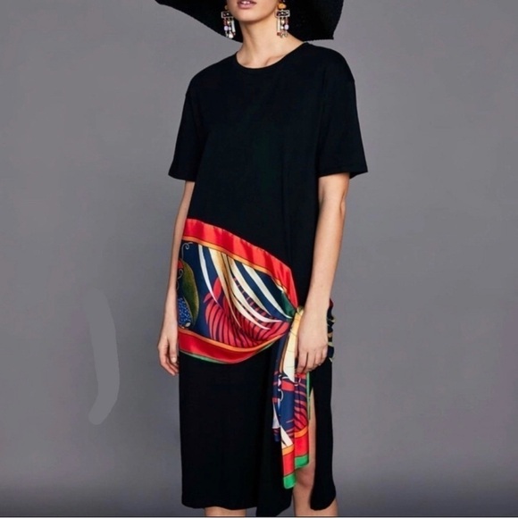 Zara Collection Shirt Dress Silk Scarf Midi Size Small Short Sleeves - Picture 1 of 9